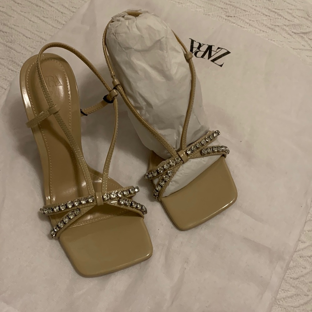 Zara Beige Strappy Sandals with Rhinestone Detail